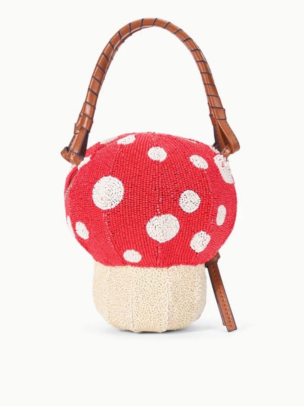 NEW STAUD Red and Cream Mushroom Beaded Mini Bag with Brown Handles - Picture 2 of 7
